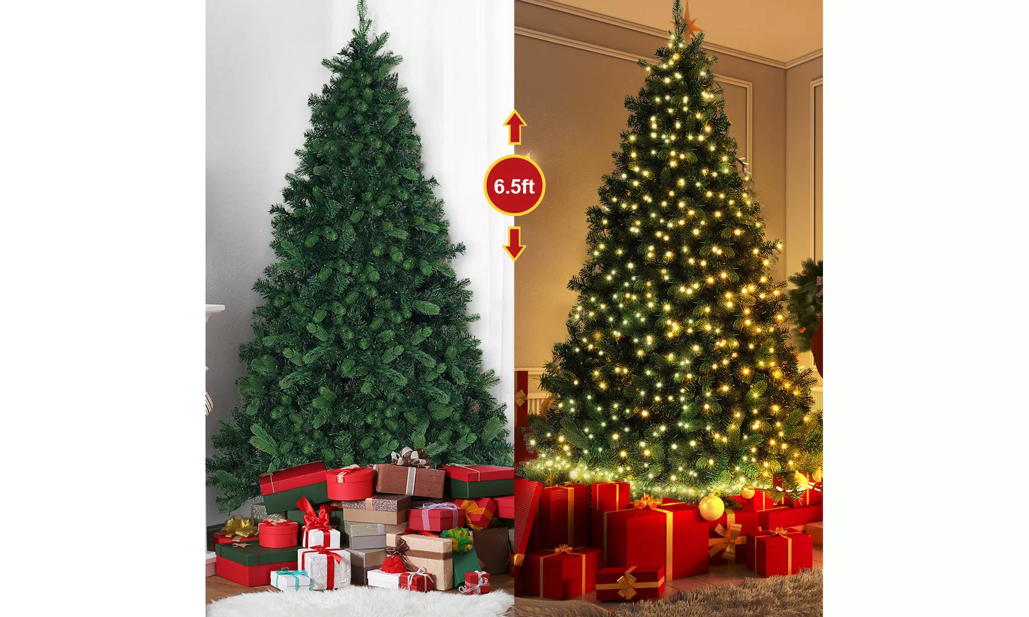 Costway 6.5Ft Pre-lit Artificial Christmas Tree PE&PVC Hinged w/ 650 Warm Lights