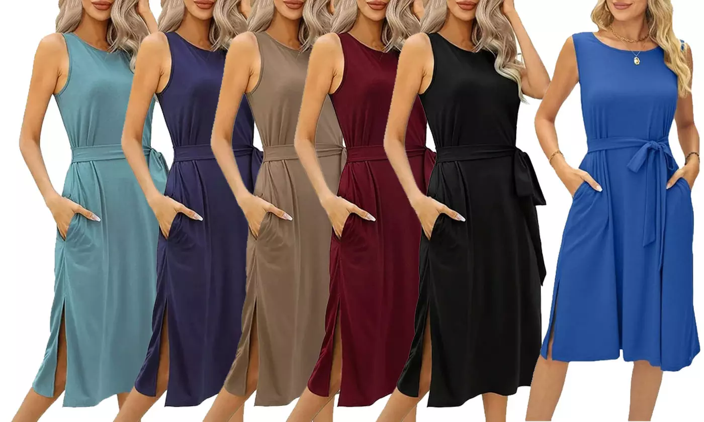 Bohuma Womens Crew Neck Sleeveless Tank Dress Midi Dress with Belt S-2X - Primary Image