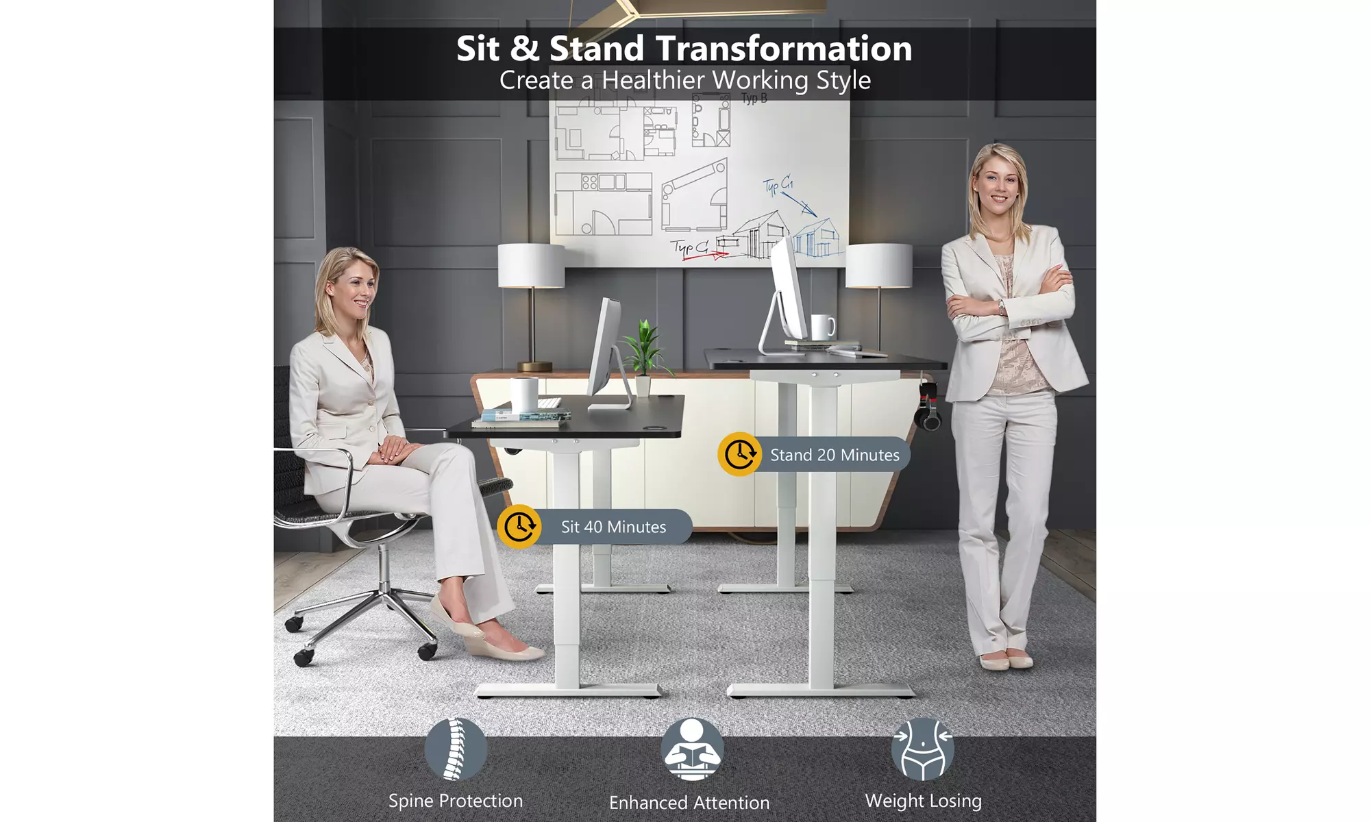 Costway 55'' x 28'' Electric Adjustable Standing up Desk Dual w/ Controller