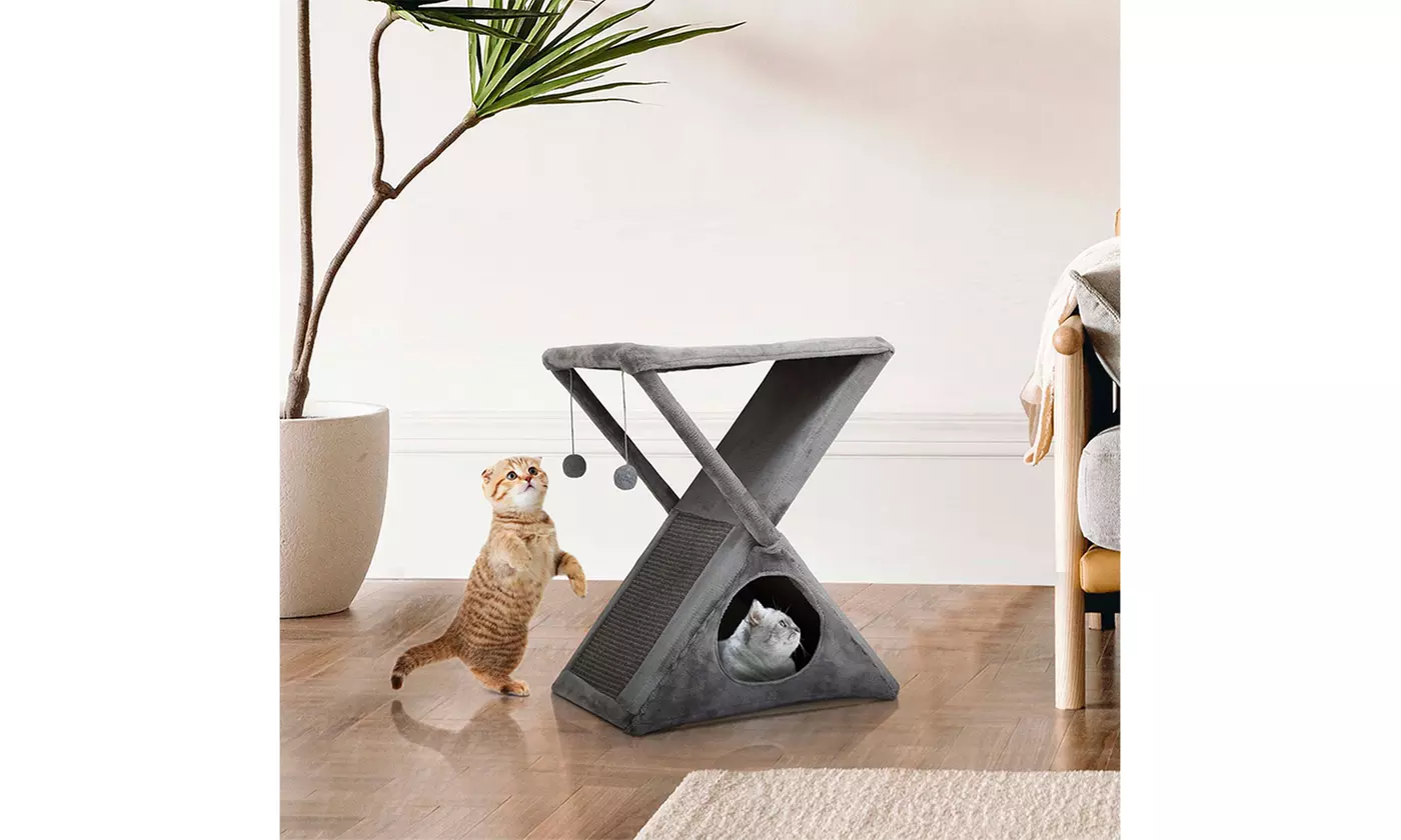 Folding Cat Tower Tree 2-Tier Pet House with Scratching Pad Cat Nest Hammock - Primary Image