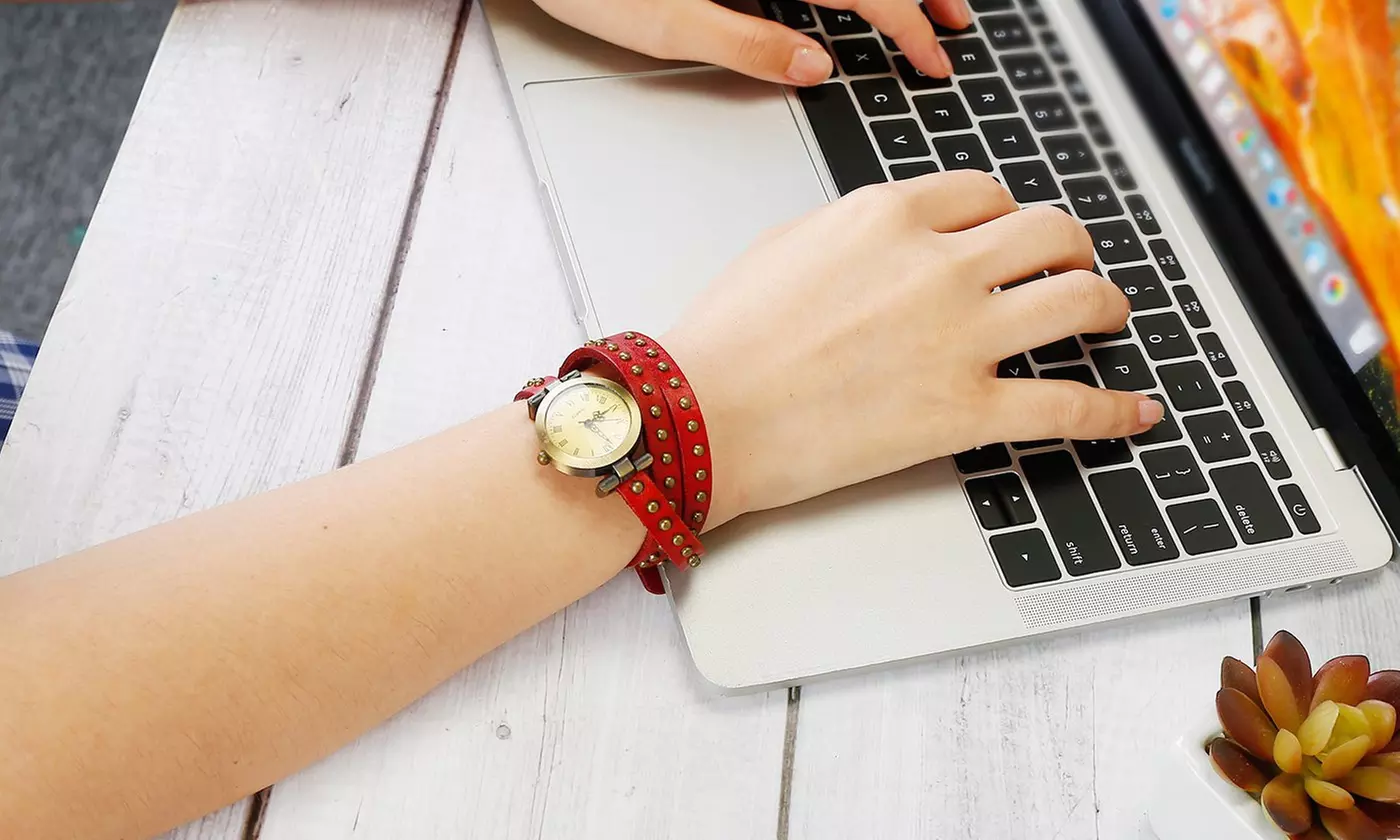 Retro Rivet Vegan Leather Wrap-Around Cuff Watch