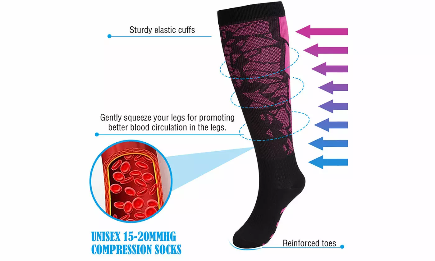 6 Pairs Knee-High Graduated Compression Socks 15-20 mmHg for Nurses Running