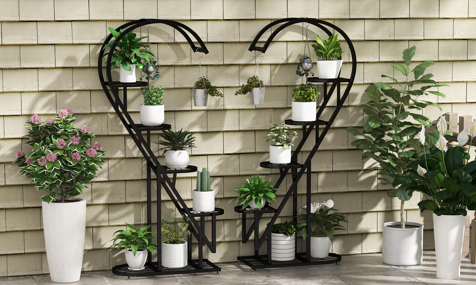 5 Tier Metal Plant Stand Heart-shaped Shelf w/ Hanging Hook for Multiple Plants