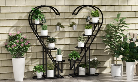 5 Tier Metal Plant Stand Heart-shaped Shelf W/ Hanging Hook For Multiple Plants Pink & Blue