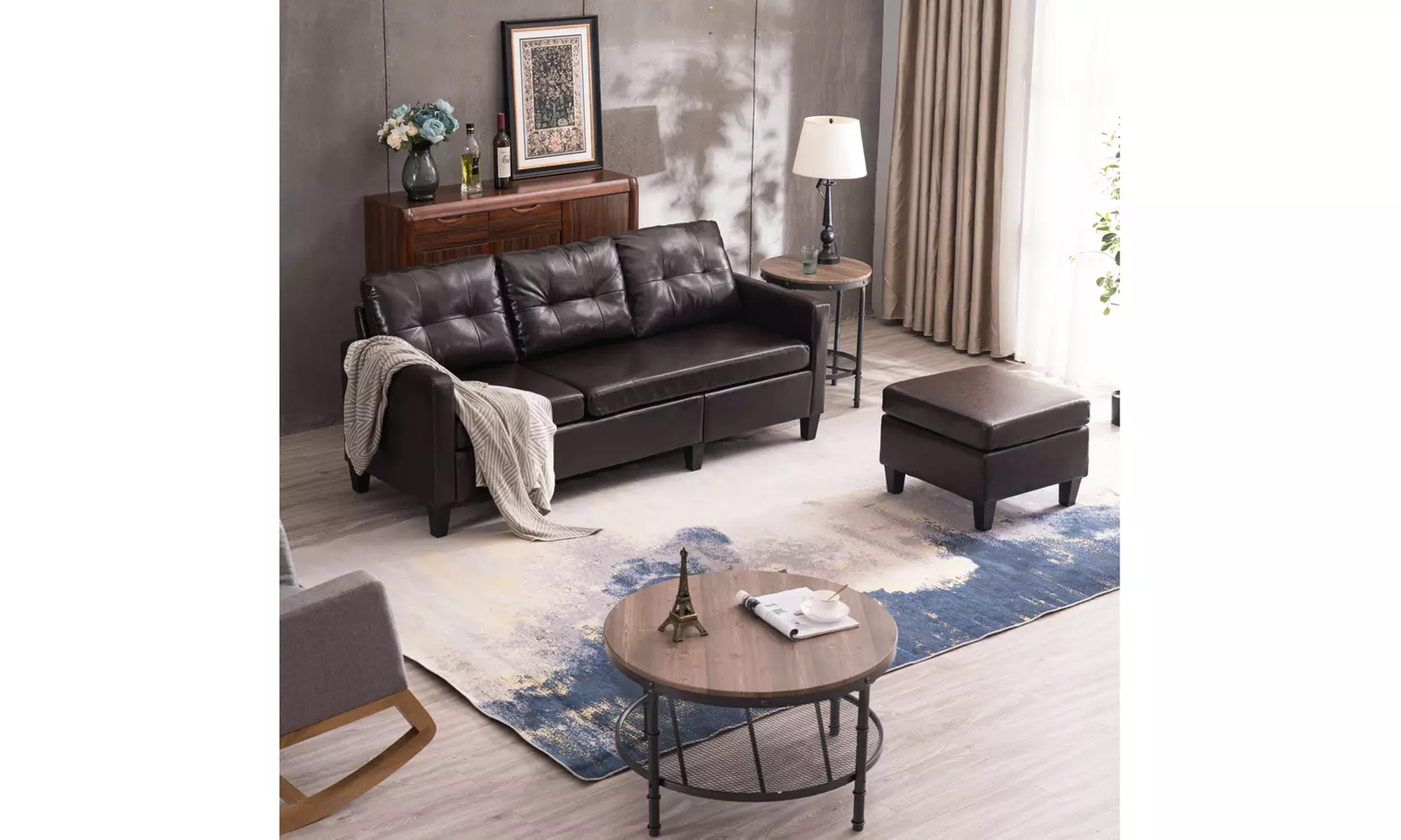 Modern PU Leather Sectional Sofa Couch L-Shaped Combination Sofa Black/Brown - Primary Image