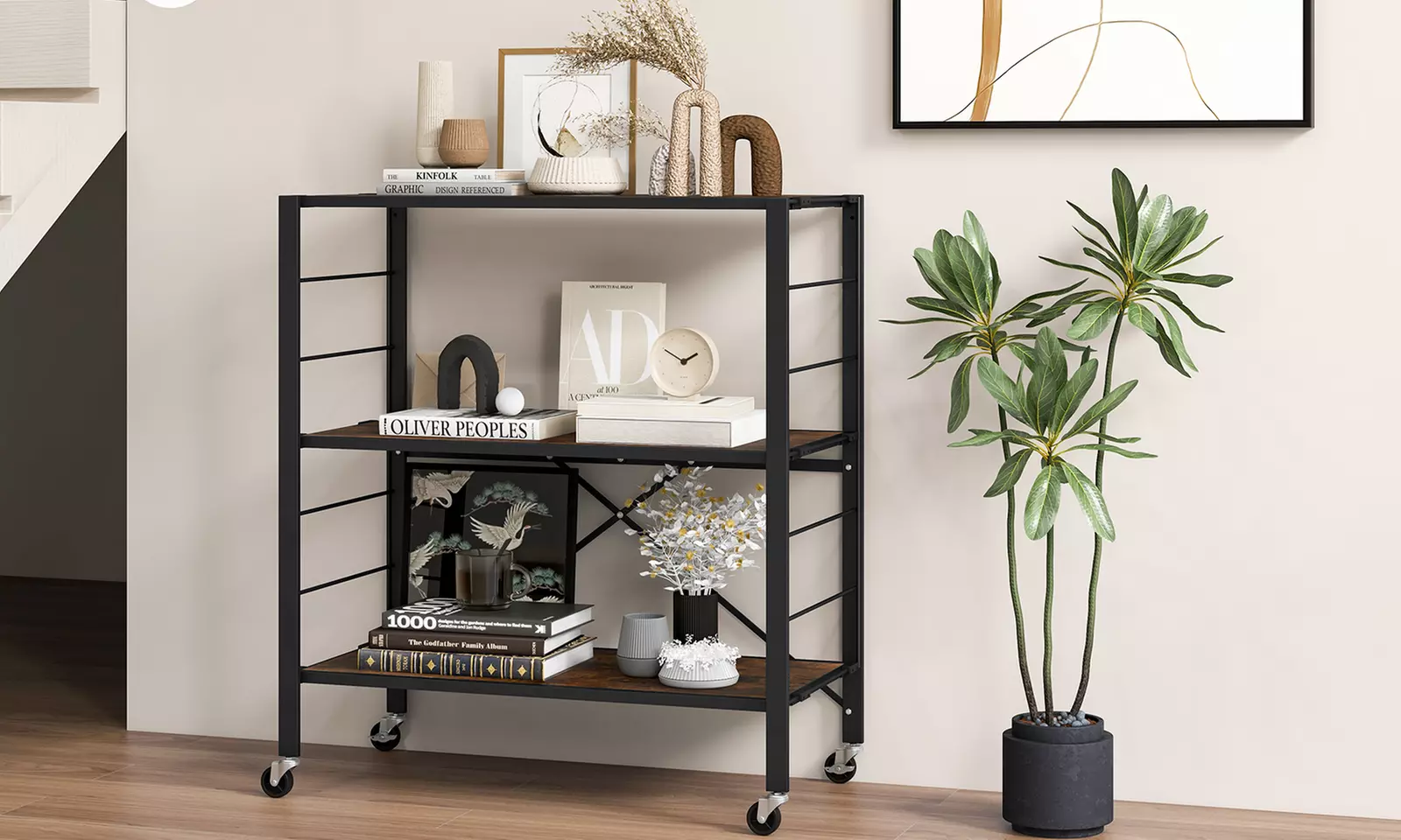One or Two Packs of Costway Three-Tier Folding Shelf with Universal Wheels - Primary Image