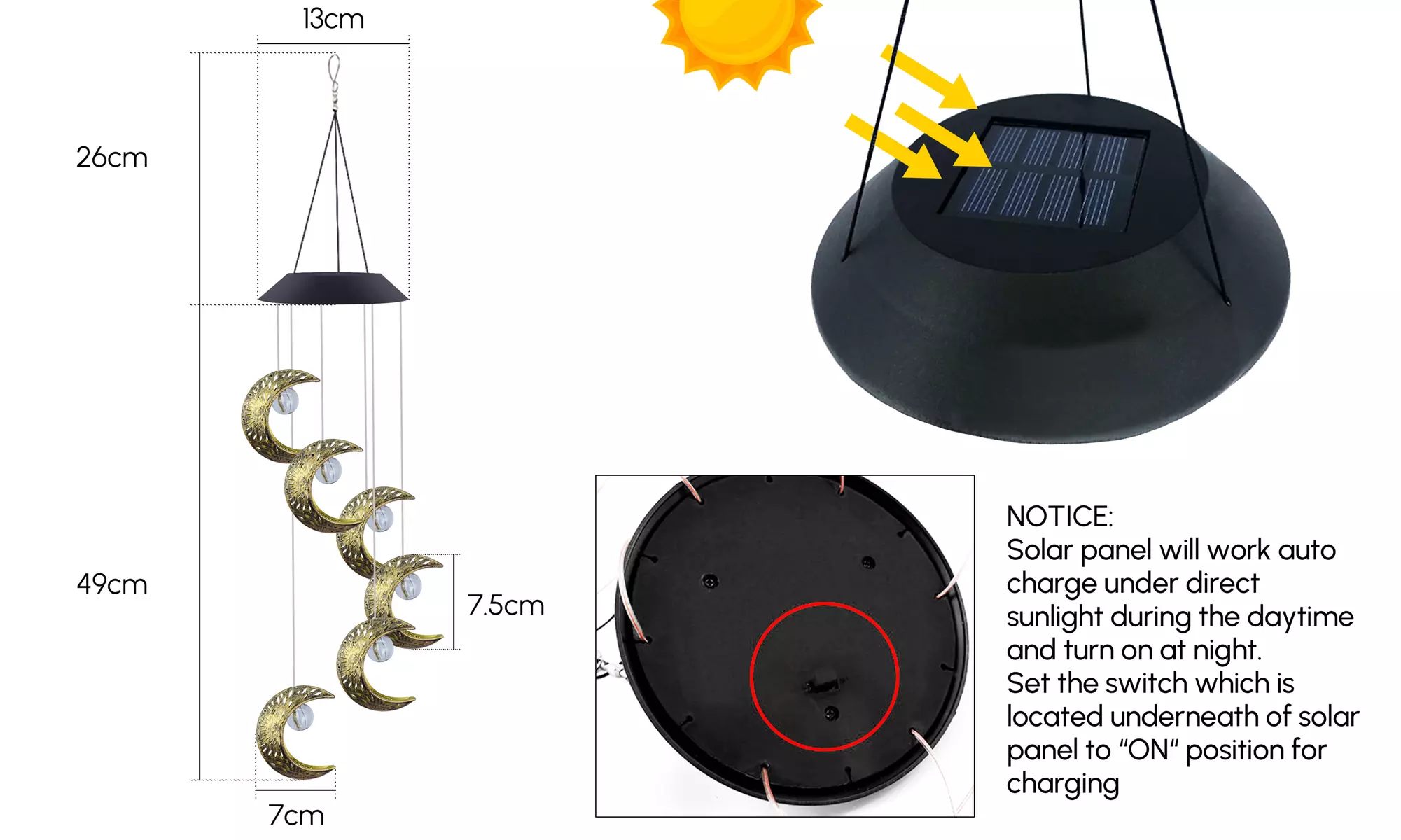 Solar Wind Chimes Outdoor Garden Waterproof Metal LED Hanging Chime Decor