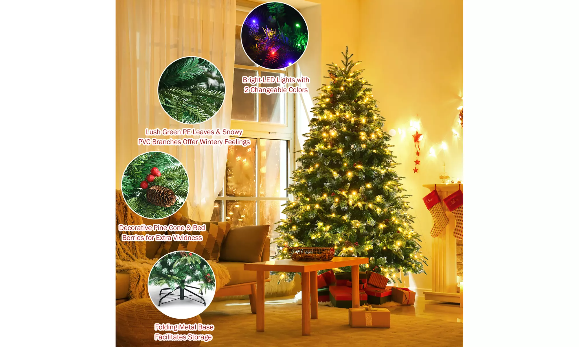 Costway 6ft Pre-Lit Snowy Christmas Tree 11 Flash Modes 350 Multi-Color Lights