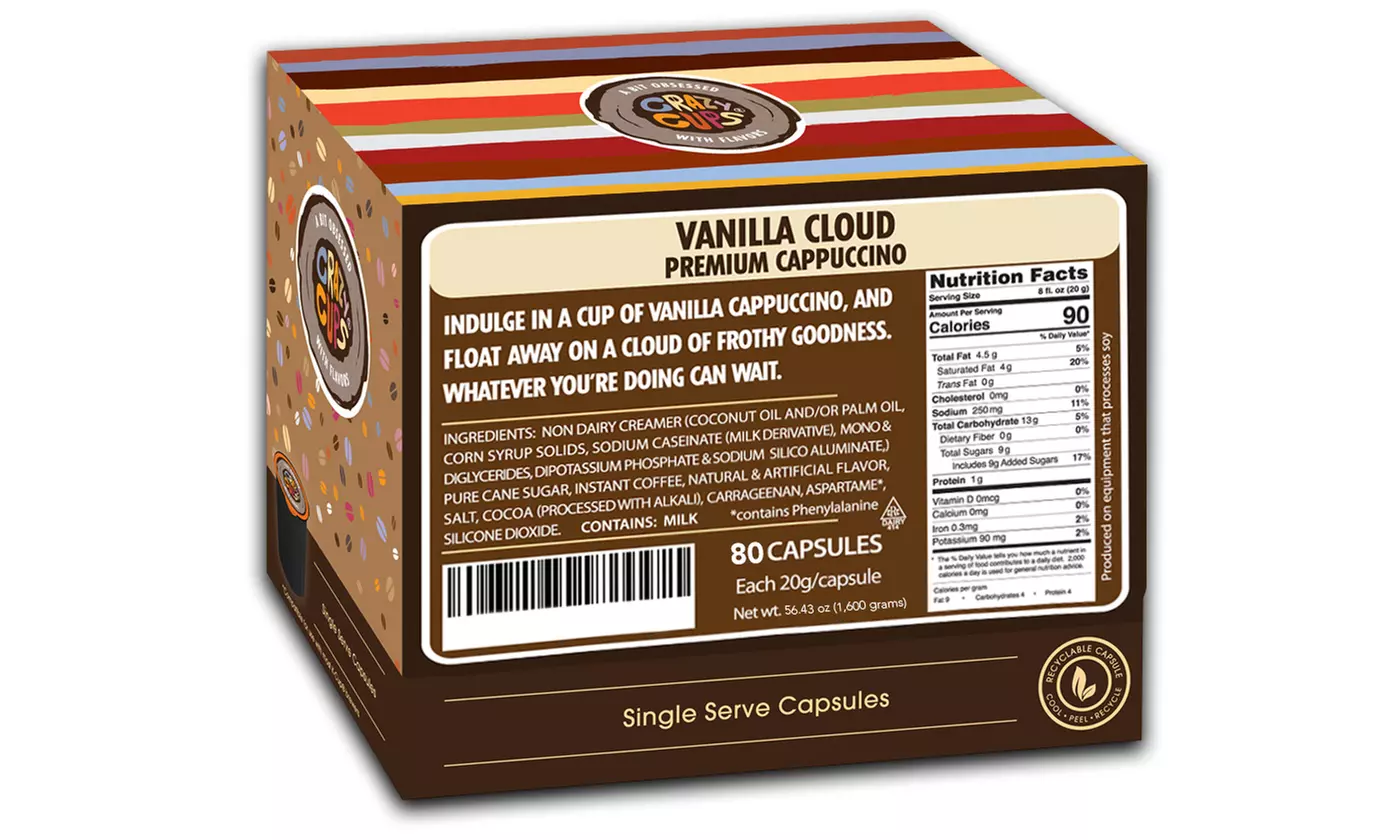 Crazy Cups Hot or Iced Cappuccino K Cups Carmel or Vanilla 22 or 80 ct