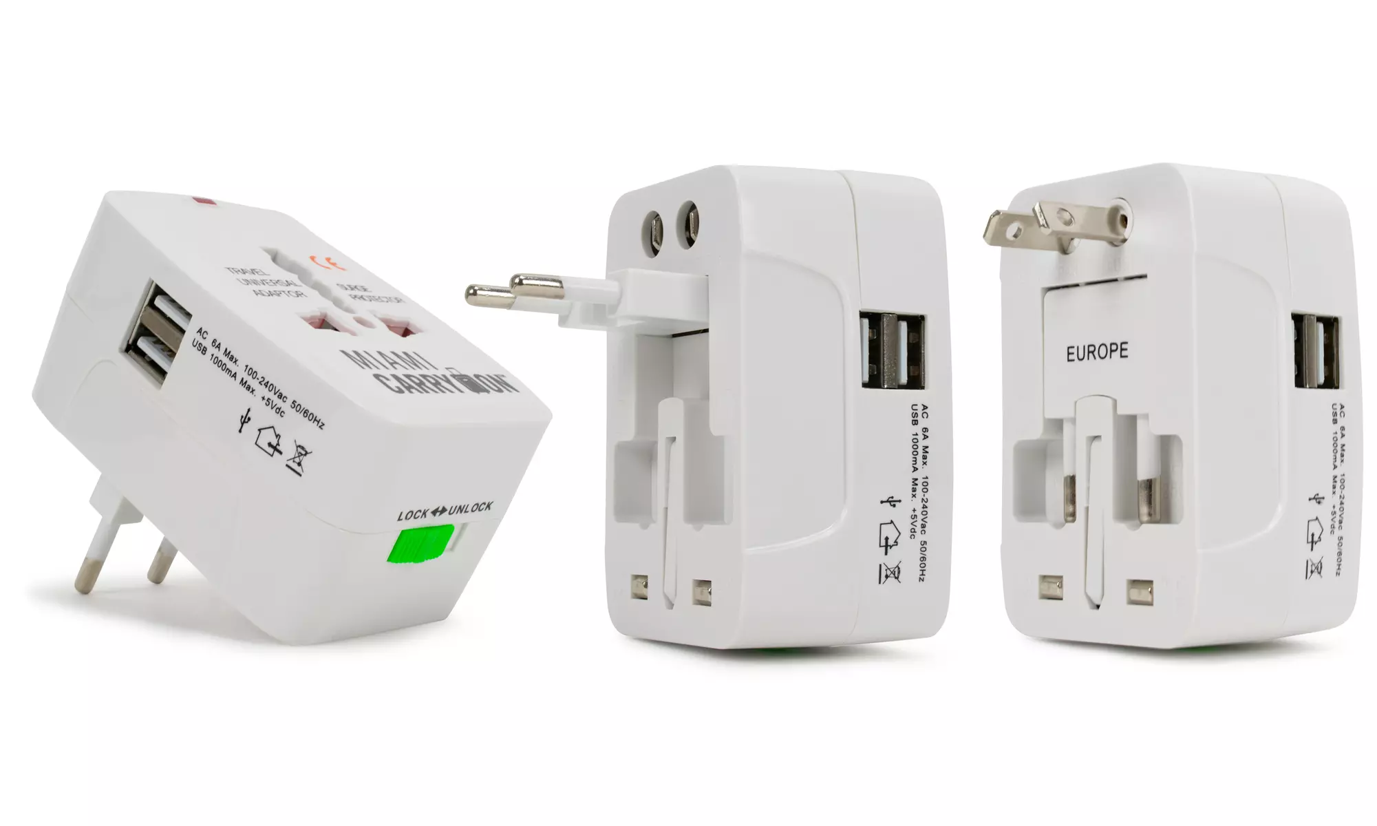 Miami CarryOn International Travel Adapter with Two USB Ports (1/2/3/4 Packs)