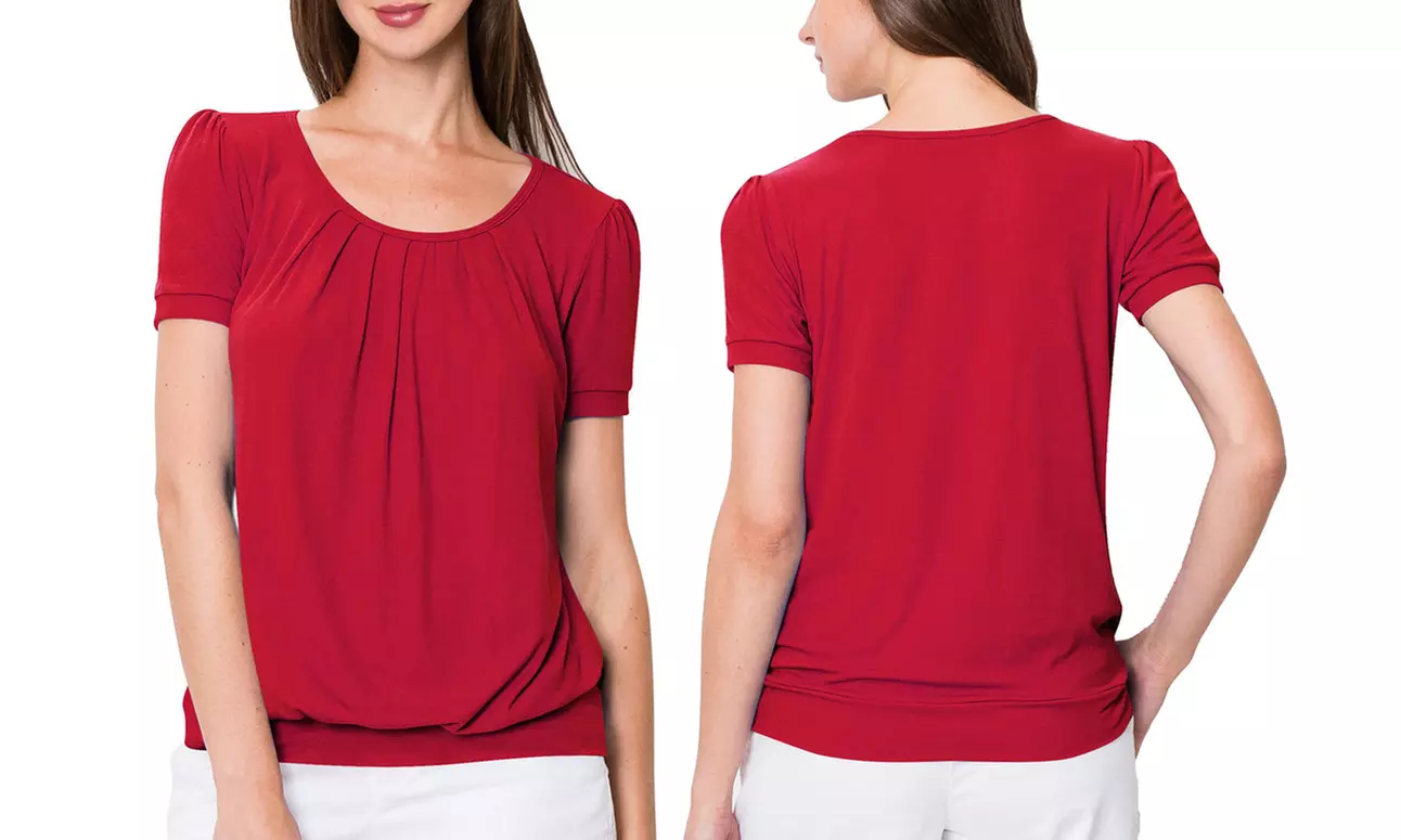 Made by Johnny Women's Scoop Neck Short Sleeve Front Pleated Blouse