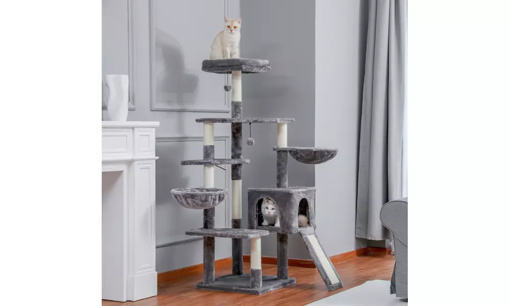 Multi-level Cat Tree Cat Tower with Cozy Condo 2 Hammocks Top Perch Scratching - Primary Image