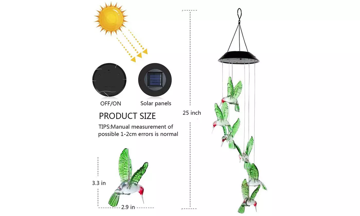 LED Changing Color Solar Hummingbird Wind Chime Waterproof Wind Chimes