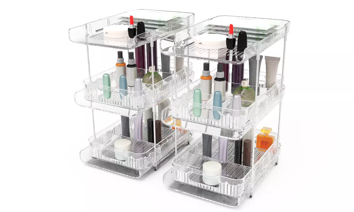 Two-Pack NewHome 3-Tier Clear Bathroom Organizer with Pull-Out Drawers