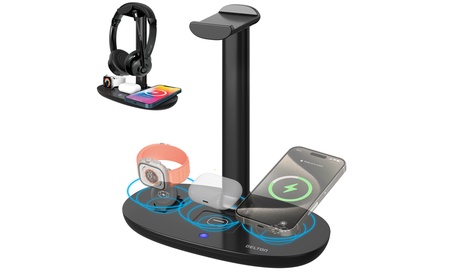 Wireless Charger Headset Stand 3 Charging Pads With Headphone Stand Black Wireless Charging Station