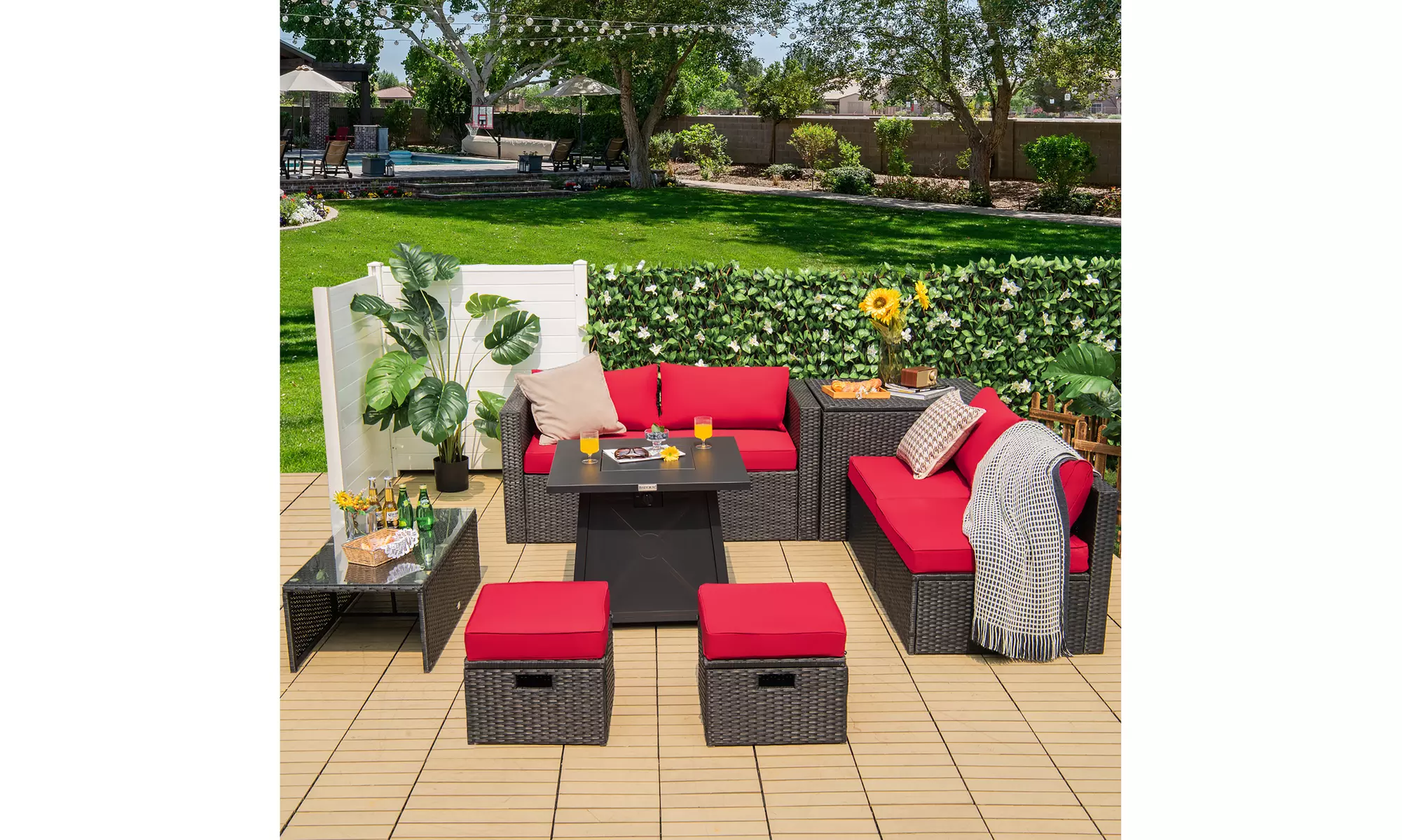 Costway 9PCS Patio Rattan Furniture Set Fire Pit Space-saving W/Cover  Cushion
