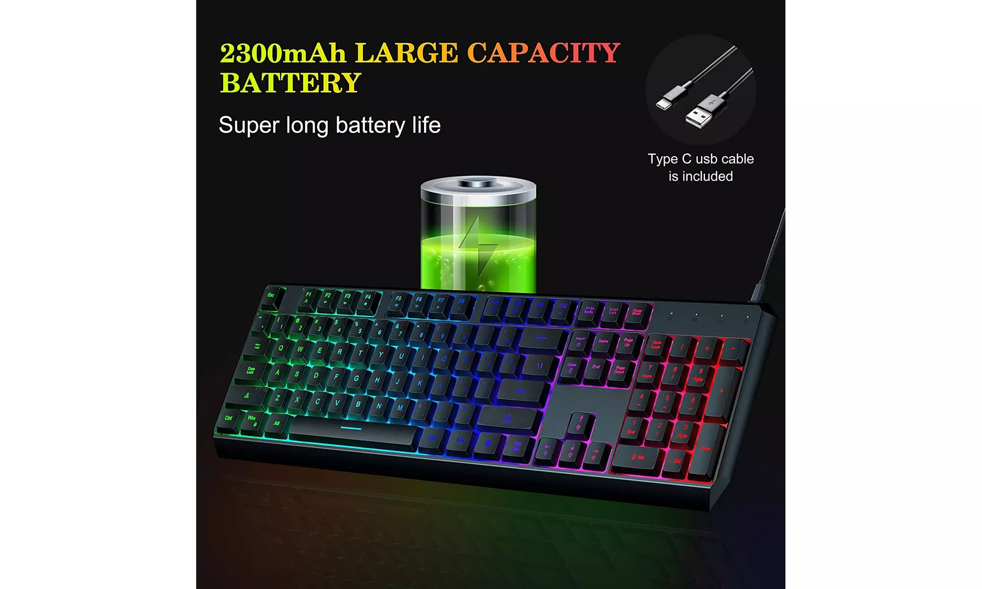 2.4G Slim Rechargeable LED Rainbow Light Up Gaming Keyboard Wireless and Wired - Second Medium