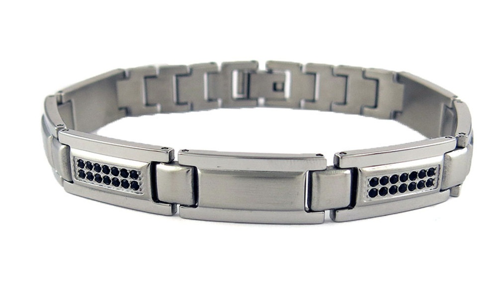Mens Stainless Steel Dual Row Simulated Diamond Bracelet