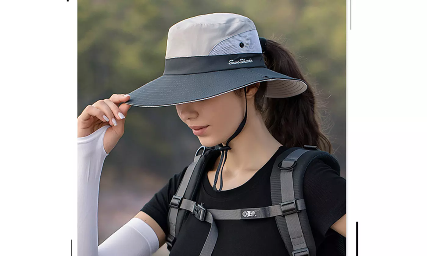 Sun Hat for Women with Wide Brim Ponytail - Beach Hats
