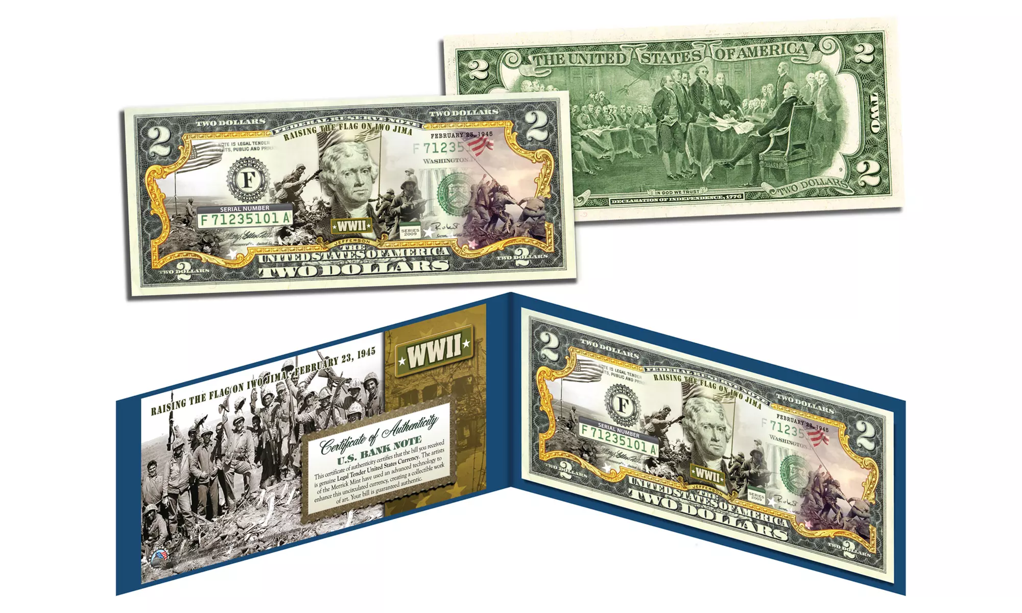 WORLD WAR II Colorized 2 Dollar Bills U.S. Legal Tender - Collect All 3 - Primary Image