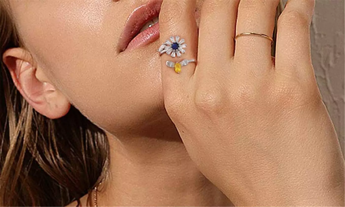 Spinner Fidget Rings Zirconia Daisy Adjustable Open Ring