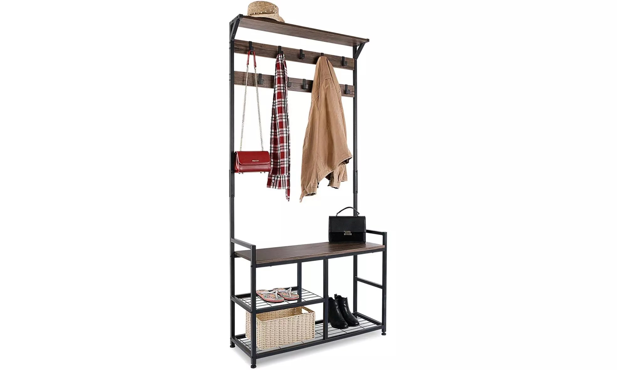 Coat Rack Shoe Bench, Hall Tree Entryway Storage Bench, 3-in-1 Design Furniture - Primary Image