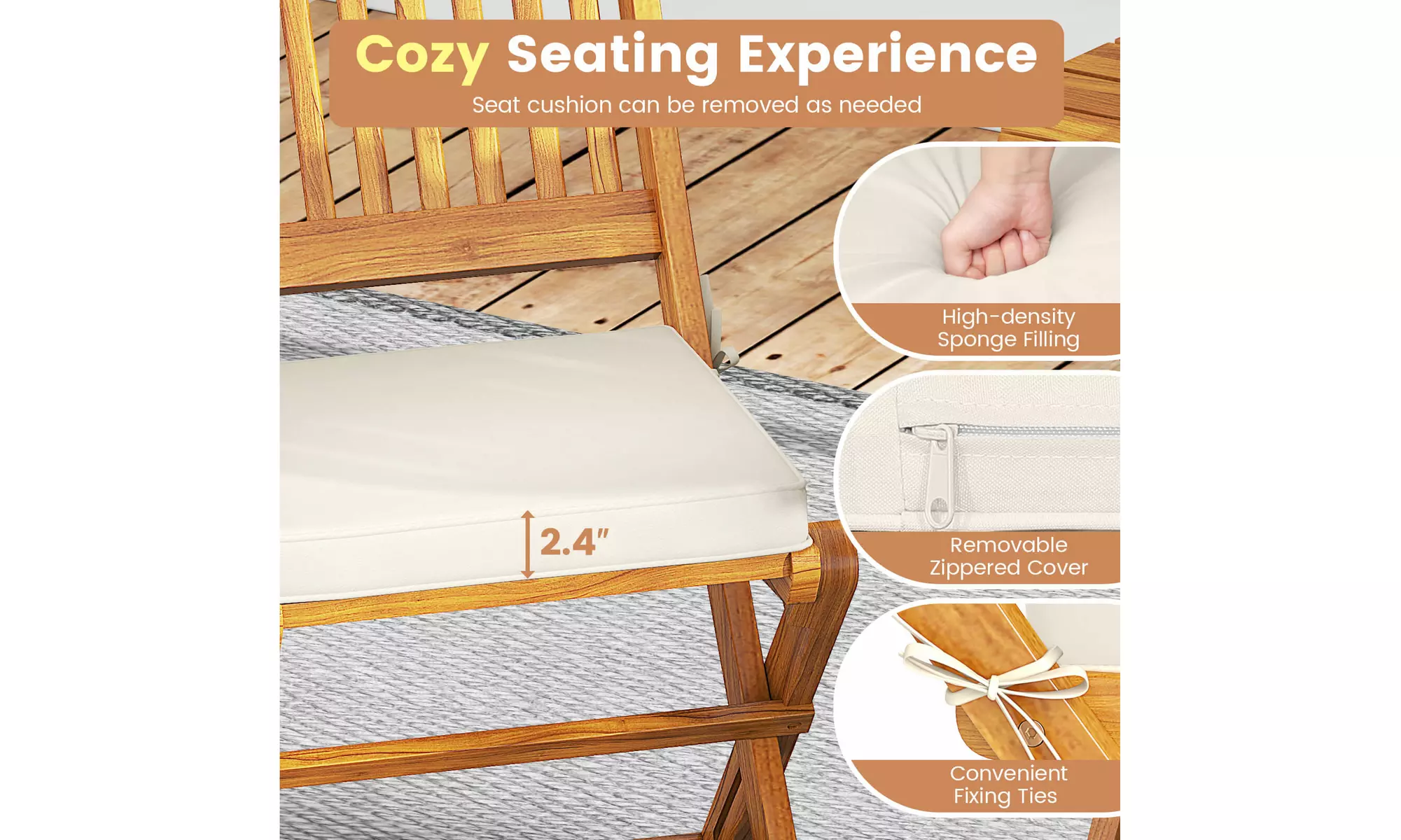 Costway Outdoor Folding Chairs Acacia Wood High-Back Chair with Seat Cushions