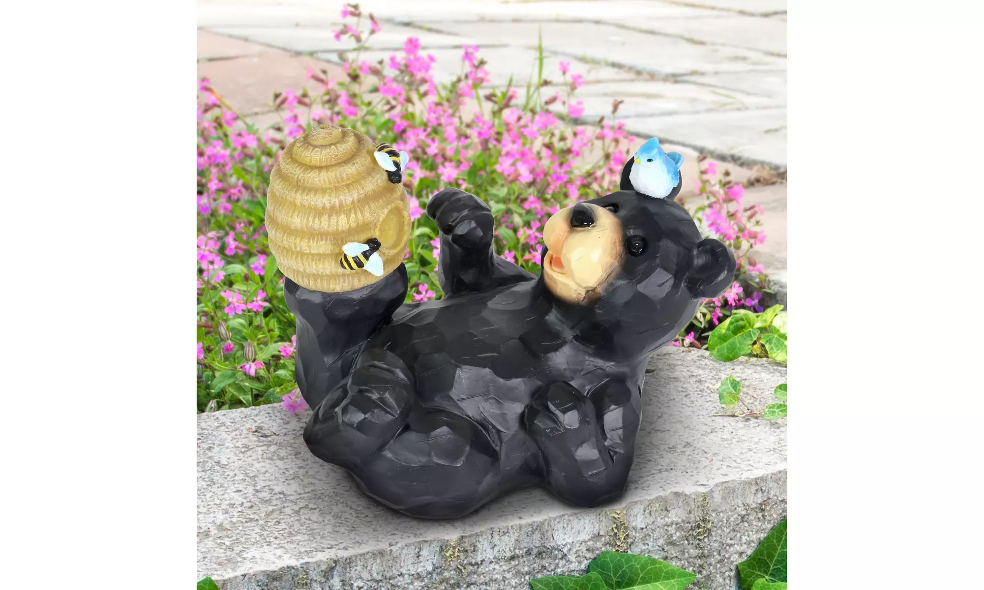 Exhart Solar Bear Playing with Illuminating Bee Hive Garden Statuary, 9 x 7 In - Primary Image