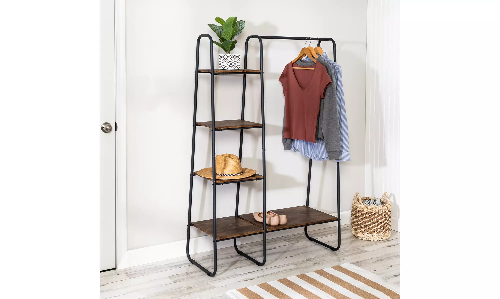 Black/Natural Metal Clothes Rack with 3 Shelves - Primary Image