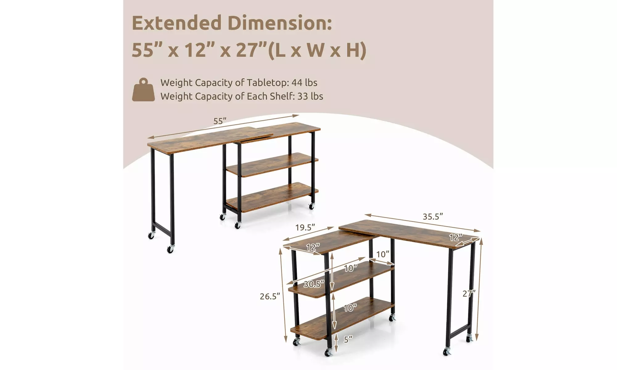Costway 360-degree Rotating L-Shaped Sofa Side Table with Shelf