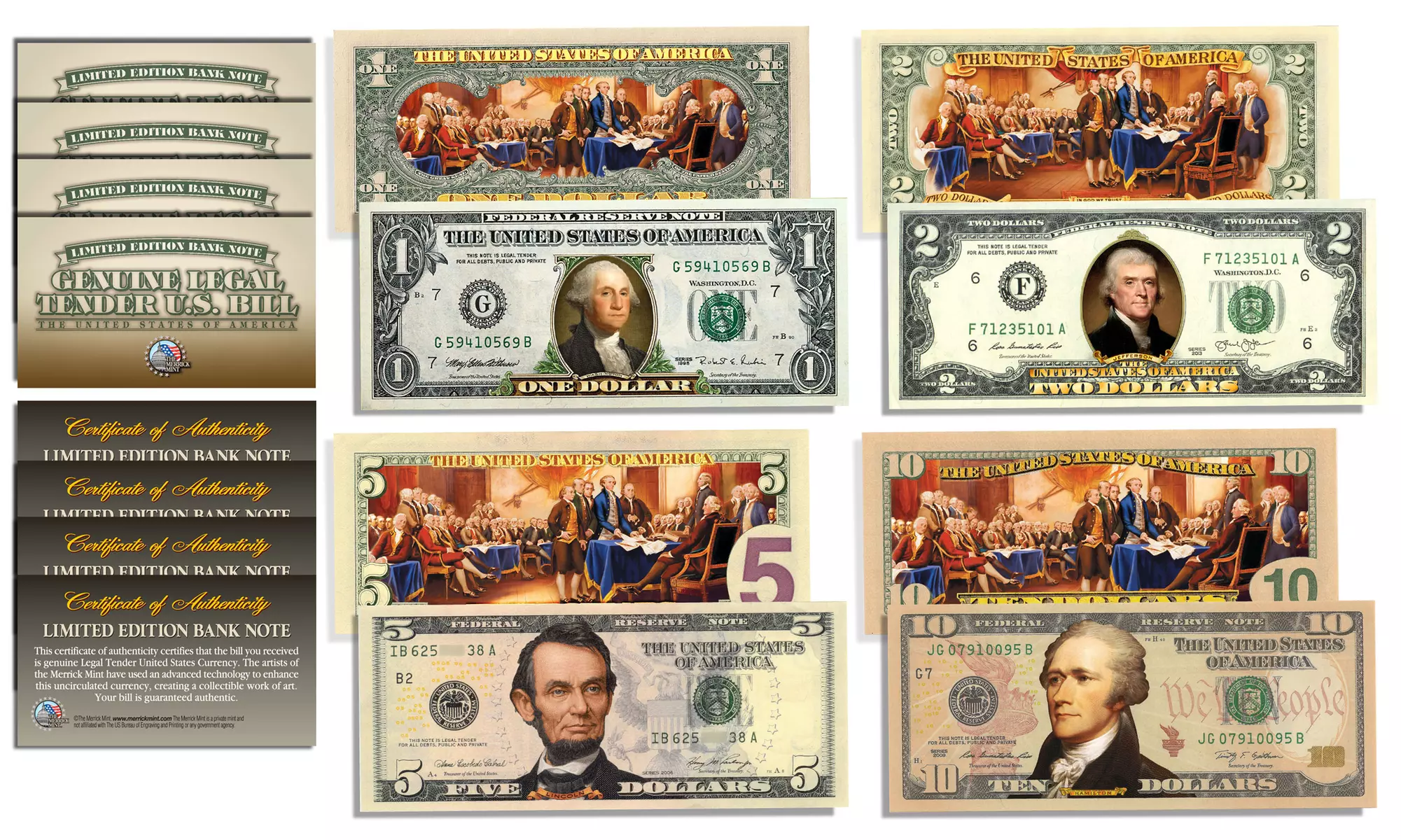 The Declaration of Independence 2-Sided U.S. Bills 1, 2, 5 & 10 * SET OF ALL 4 * - Primary Image