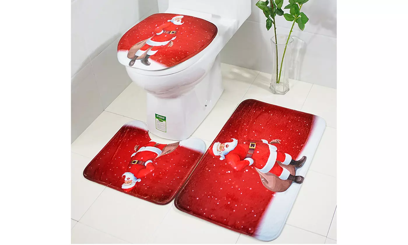 3pcs Christmas Toilet Seat Cover Rug Set Santa Claus Bathroom Mat Xmas Decor
