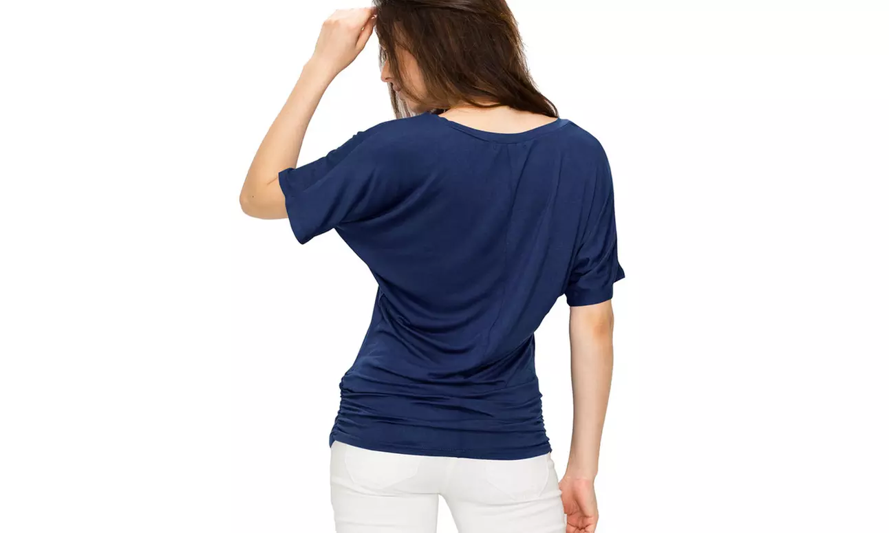 Made by Johnny Womens Solid Short Sleeve V-Neck Dolman Top with Side Shirring