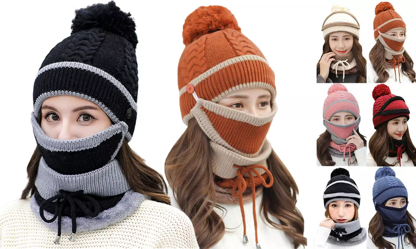 3pcs/Set Women Winter Knitted Hat Thickened Woolen Cap with Warm Mask Neck Scarf - Primary Image