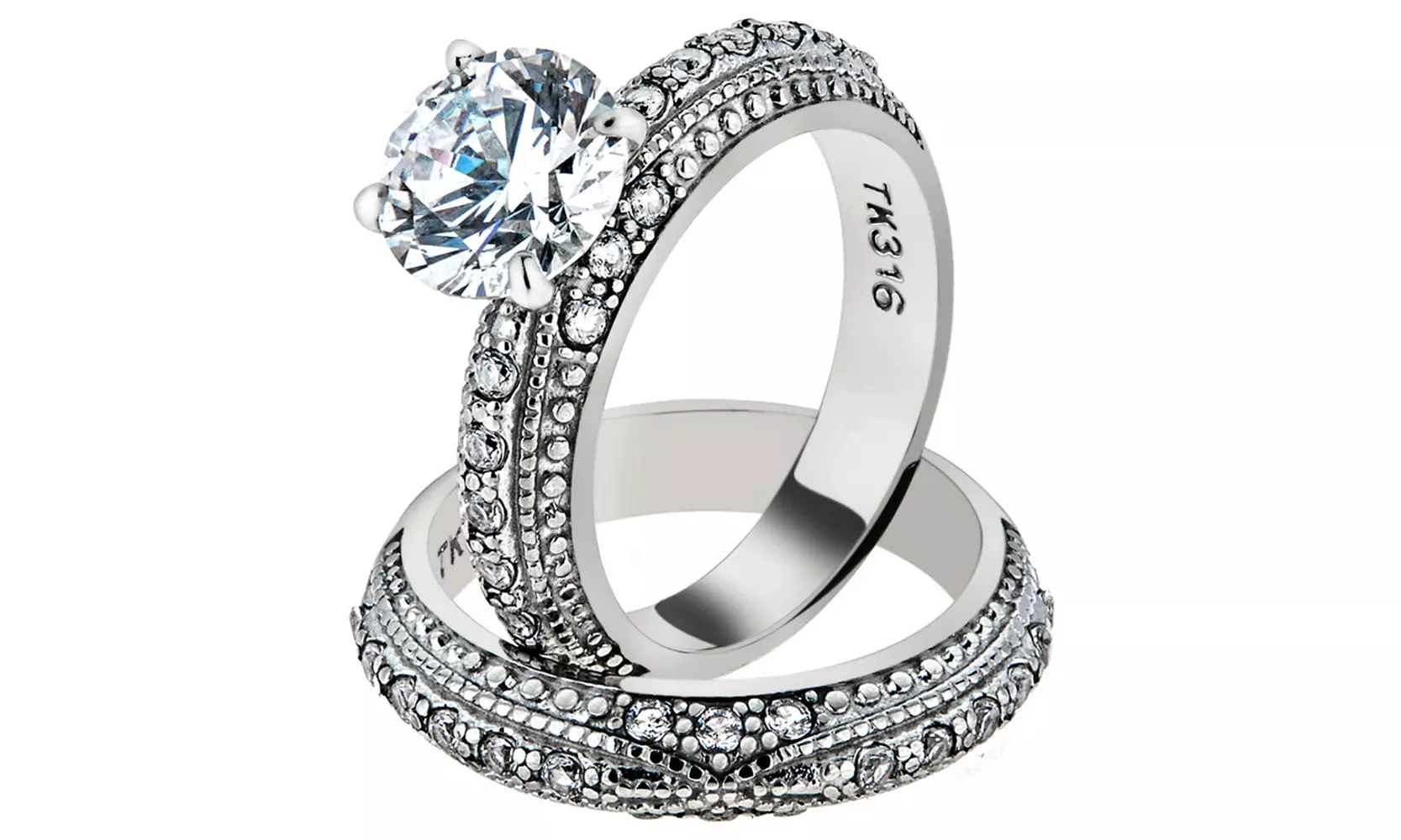 Women's 3.25 Ct Round Cut CZ Vintage Inspired Stainless Steel Wedding Ring Set - Primary Image