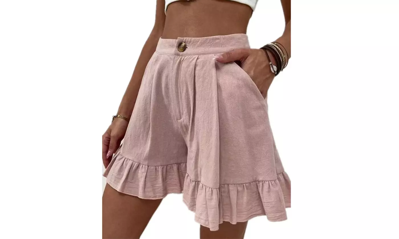 Women Ladies High Waist Baggy Wide Leg Shorts Pleated Button Summer Hot Pants