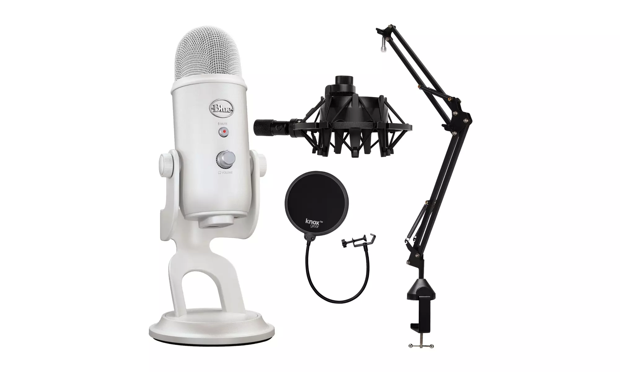 Blue Yeti Microphone (White Mist) with Boom Arm Stand, Pop Filter & Shock Mount - Primary Image