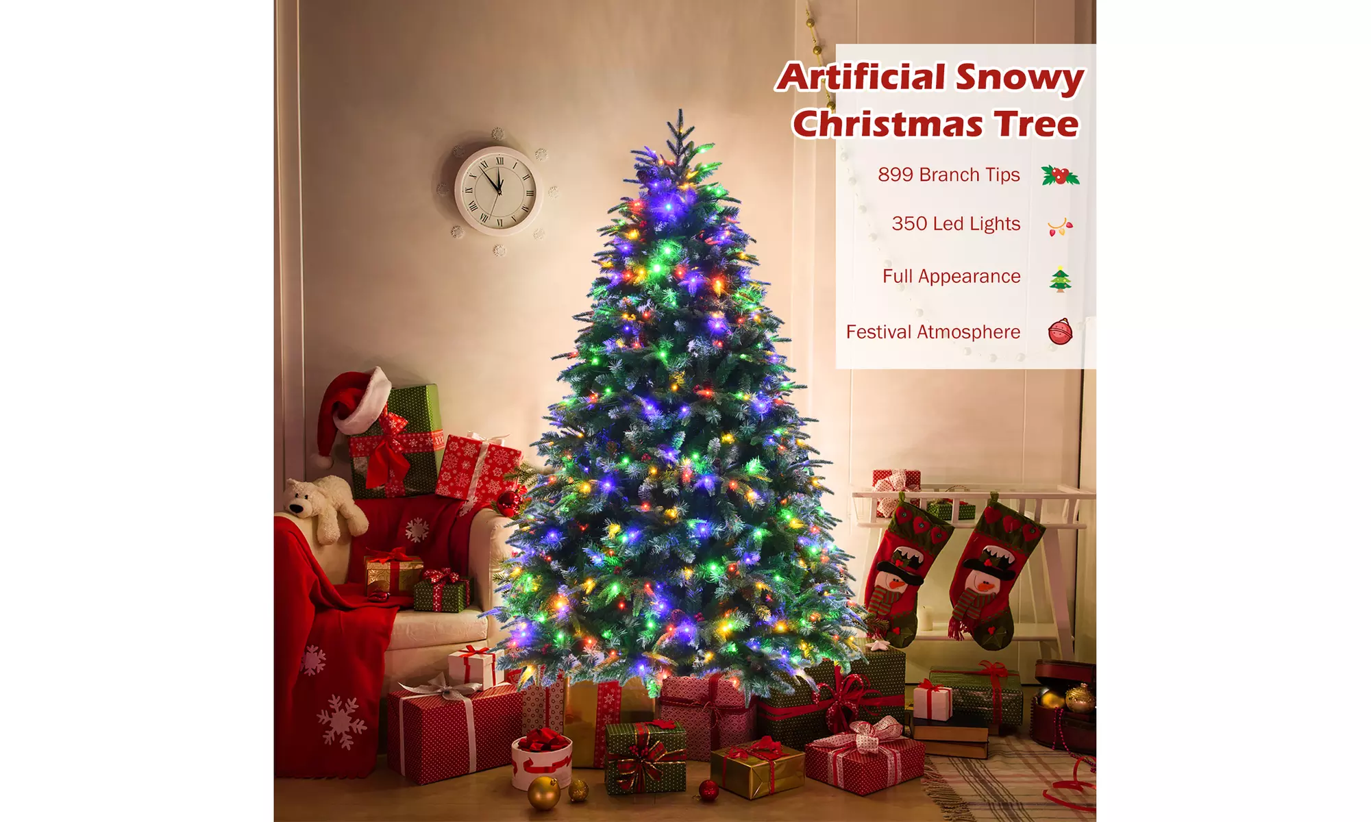 Costway 6ft Pre-Lit Snowy Christmas Tree 11 Flash Modes 350 Multi-Color Lights
