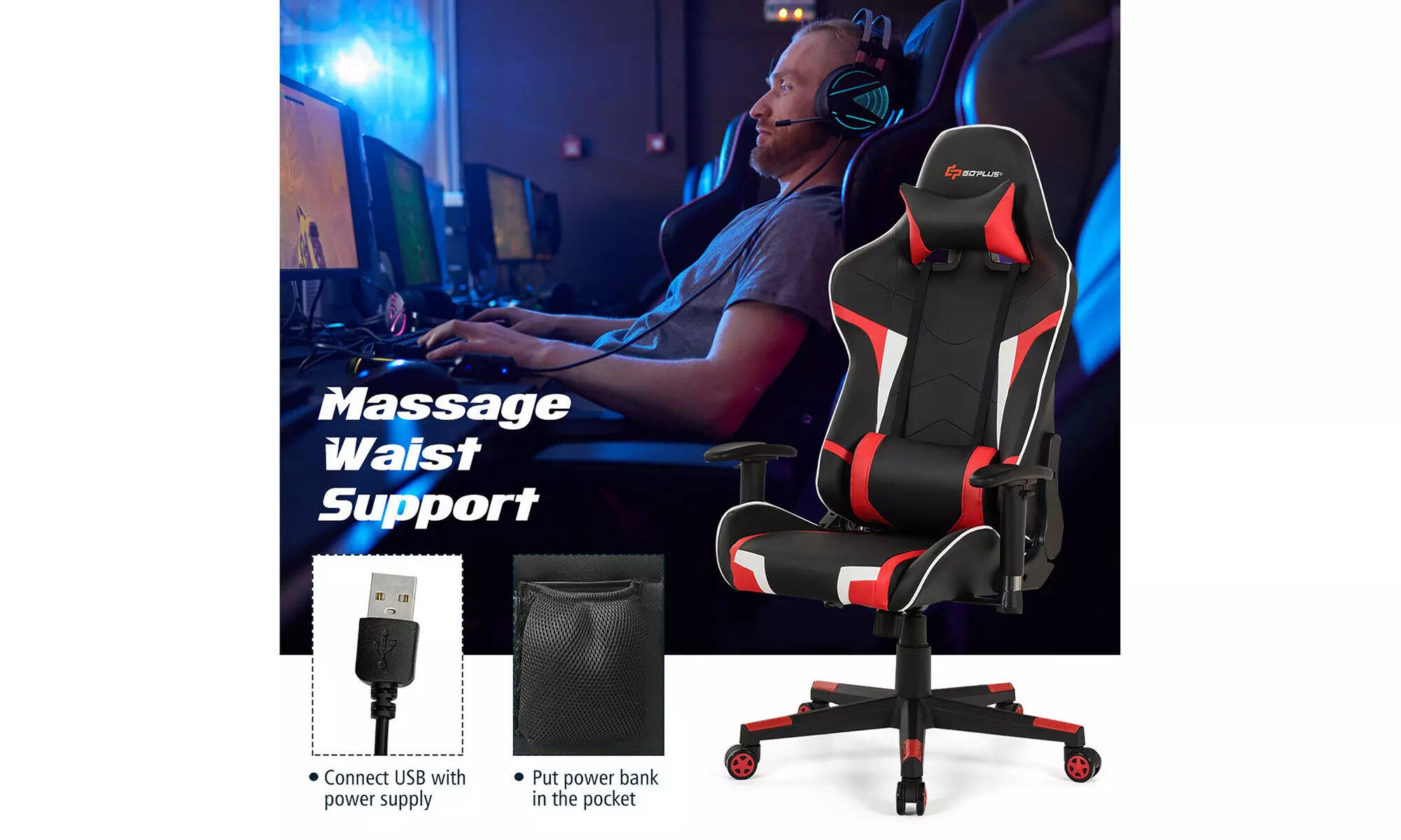 Reclining Massage Gaming Chair with Lumbar Support and Headrest