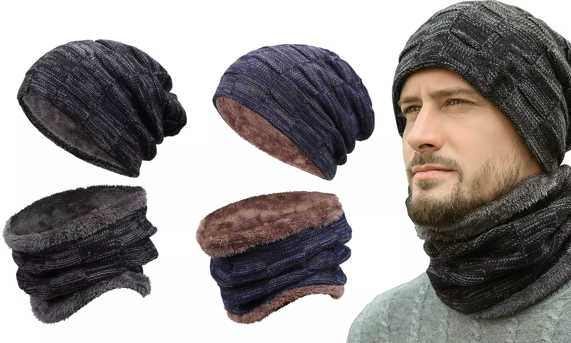 Winter Beanie Hats Scarf Set Warm Knit Hats Skull Cap Neck for Men Women - Primary Image