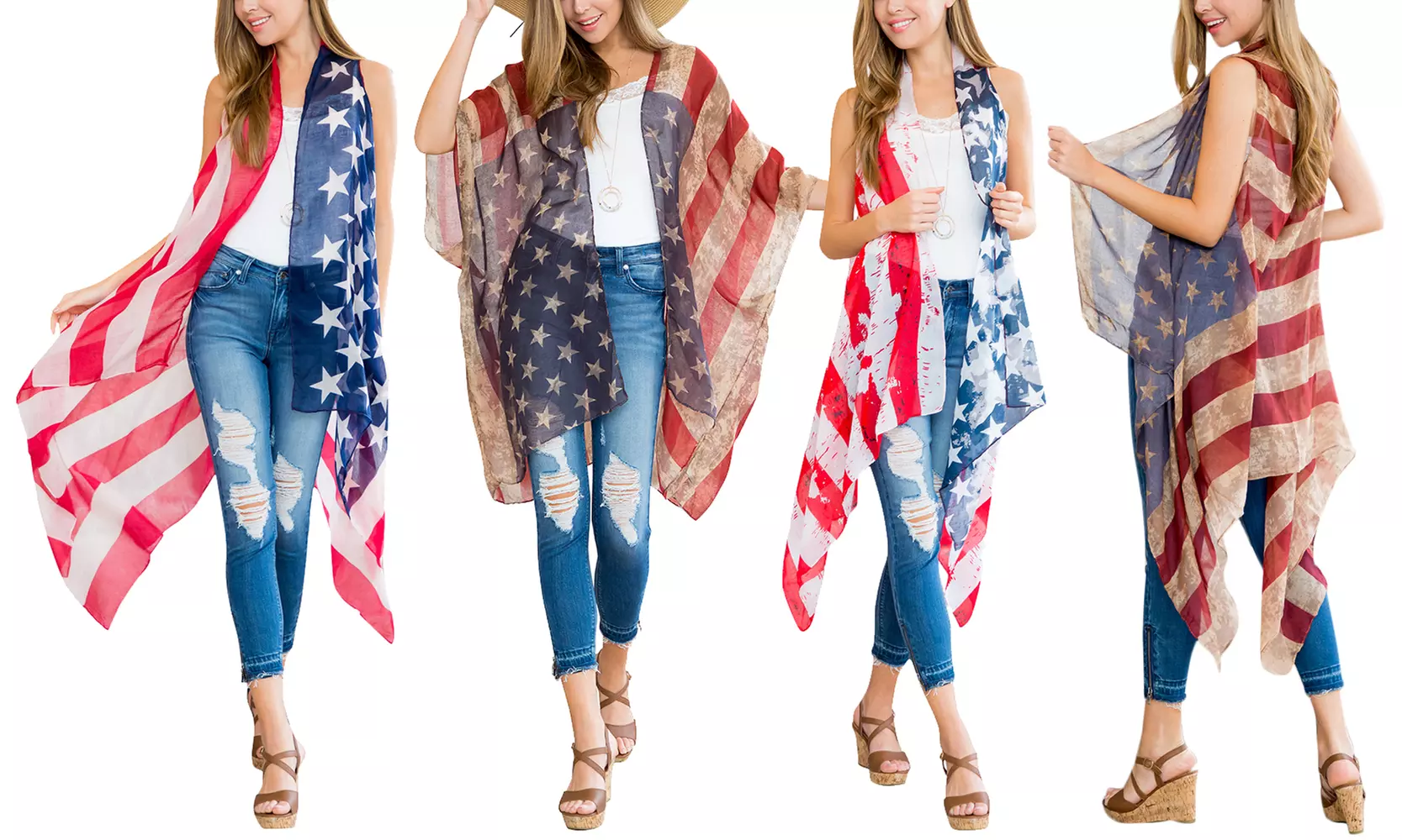 Women's USA American Flag Patriotic Kimono 4th of July Cardigan - Primary Image