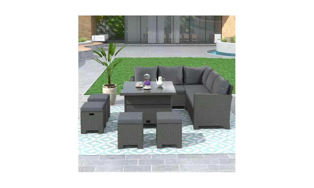 8 Piece Outdoor Conversation Set, Dining Table Chair with Ottoman, Cushions