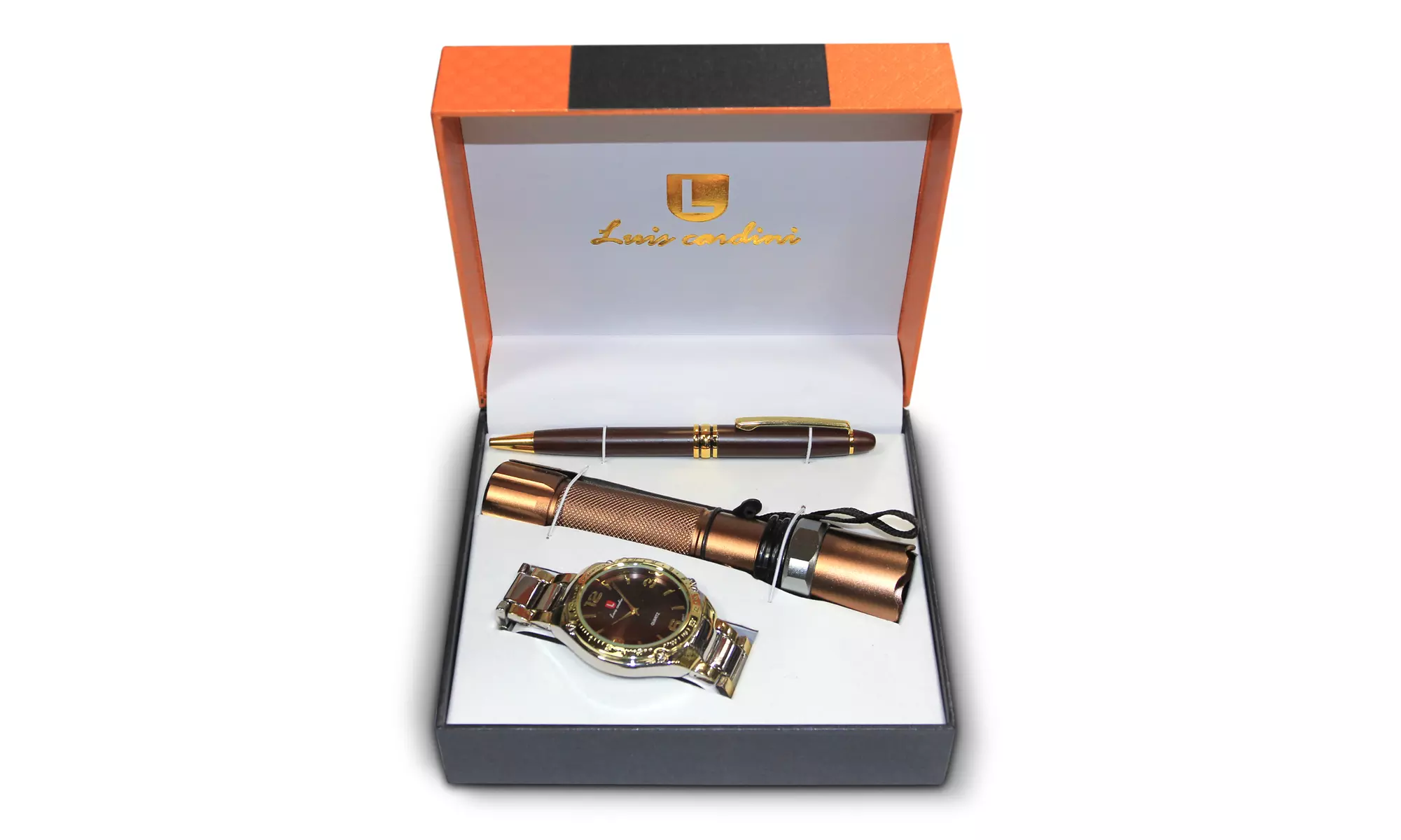 Luis Cardini Mens Quartz Tri-Tone Watch with Pen & Torch Gift Set (Gold) - New - Primary Image