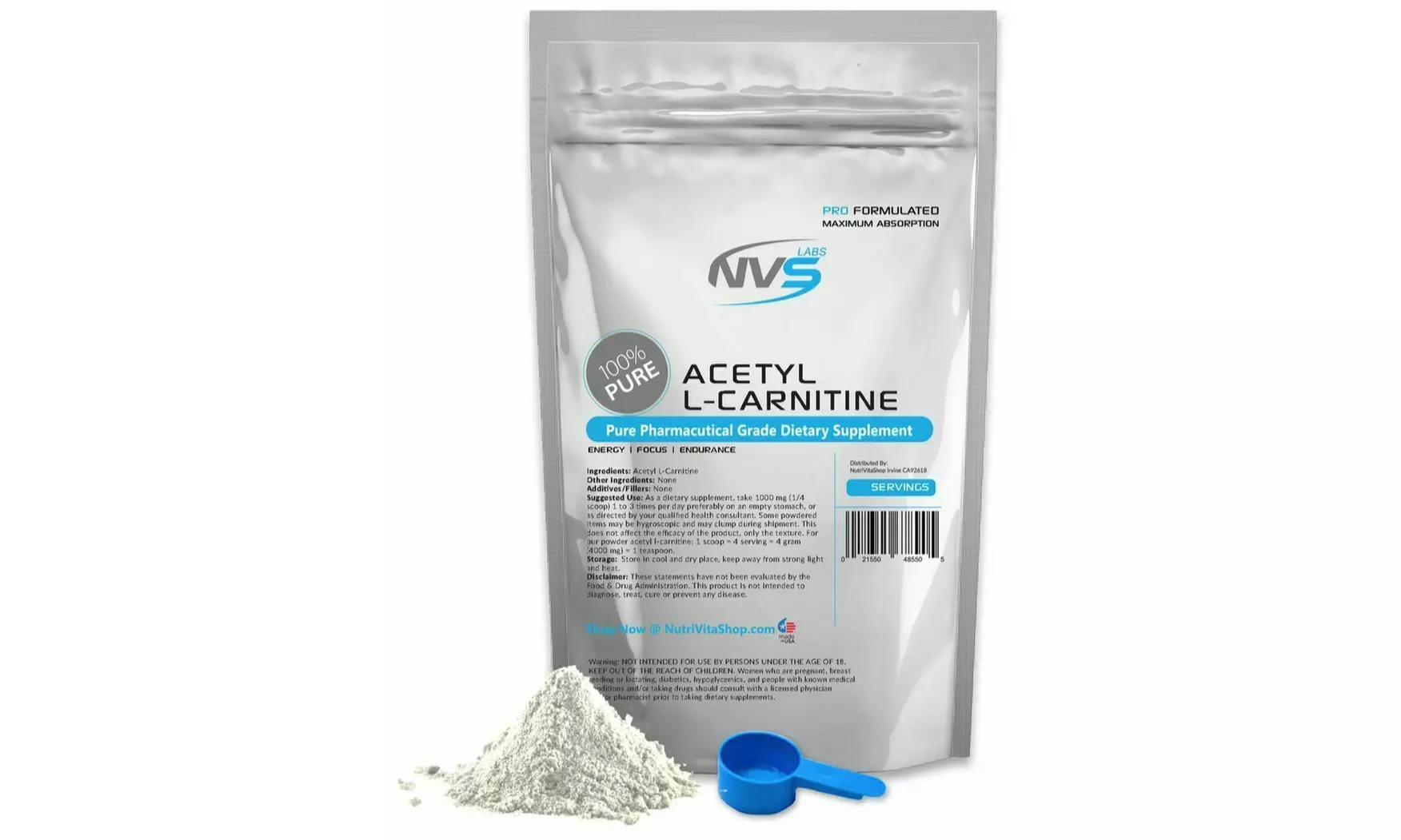 NVS PURE 100% PURE ACETYL L-CARNITINE (ALCAR) POWDER NONGMO USP GRADE USA - Primary Image