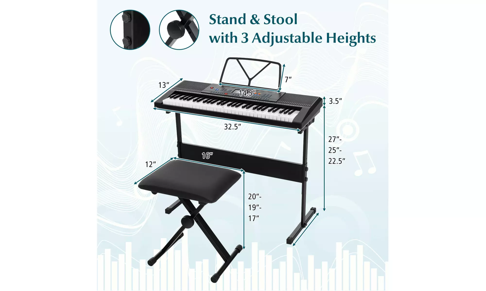 Sonart 61-Key Electronic Keyboard Piano Starter Set w/Stand Bench Headphones