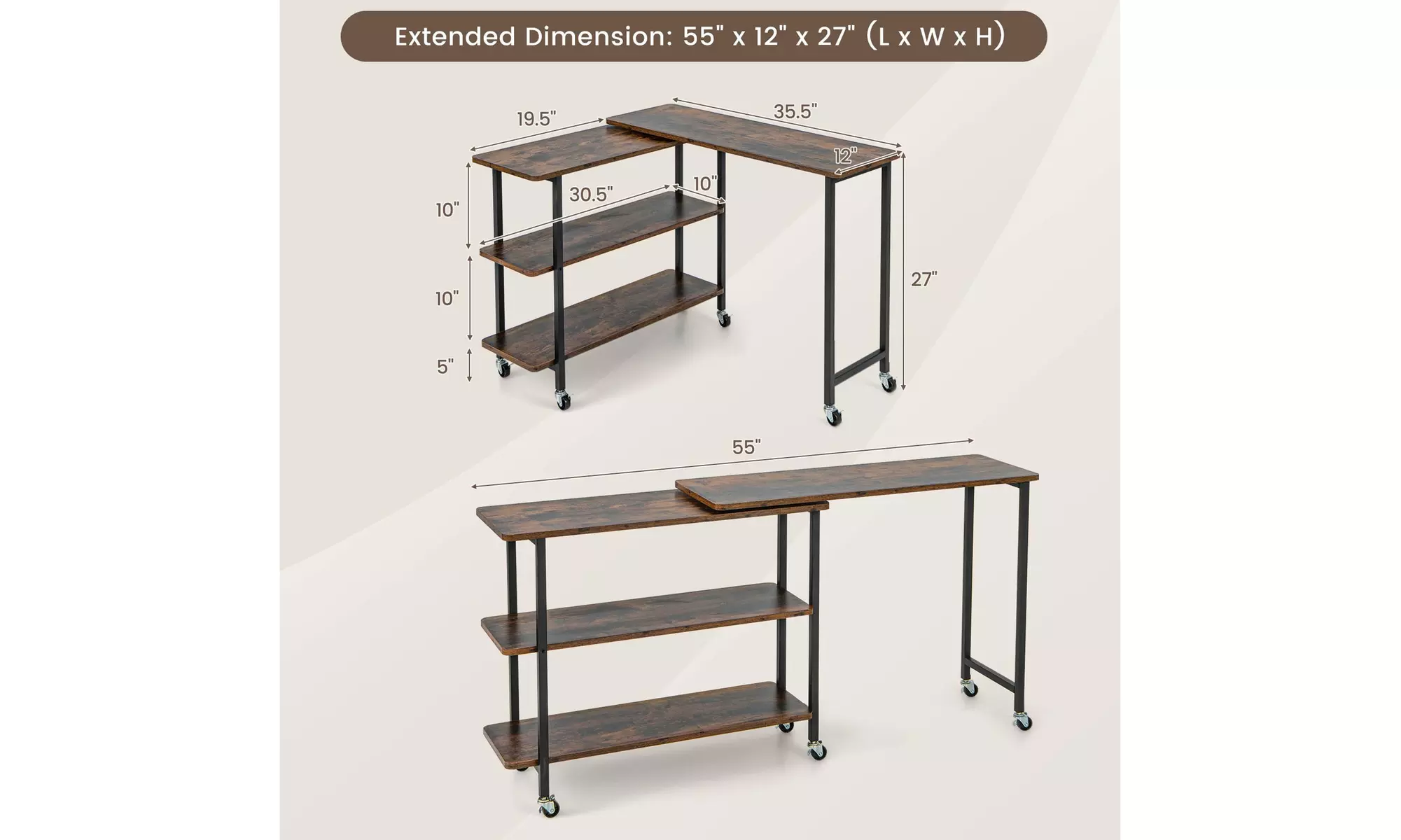 Costway 360-degree Rotating L-Shaped Sofa Side Table with Shelf