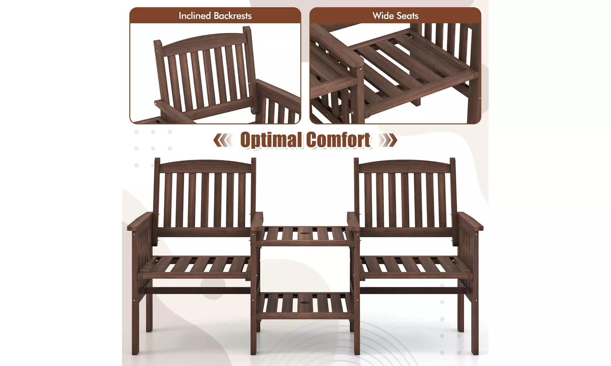Costway Outdoor Fir Wood Loveseat with 2-Tier Side Table and 1.96" Umbrella Hole