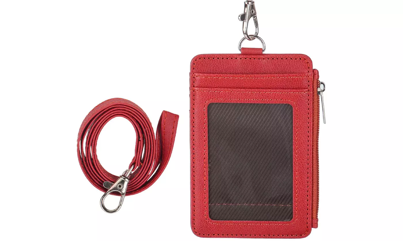 PU Leather Detachable Neck Lanyard ID Badge and Card Holder