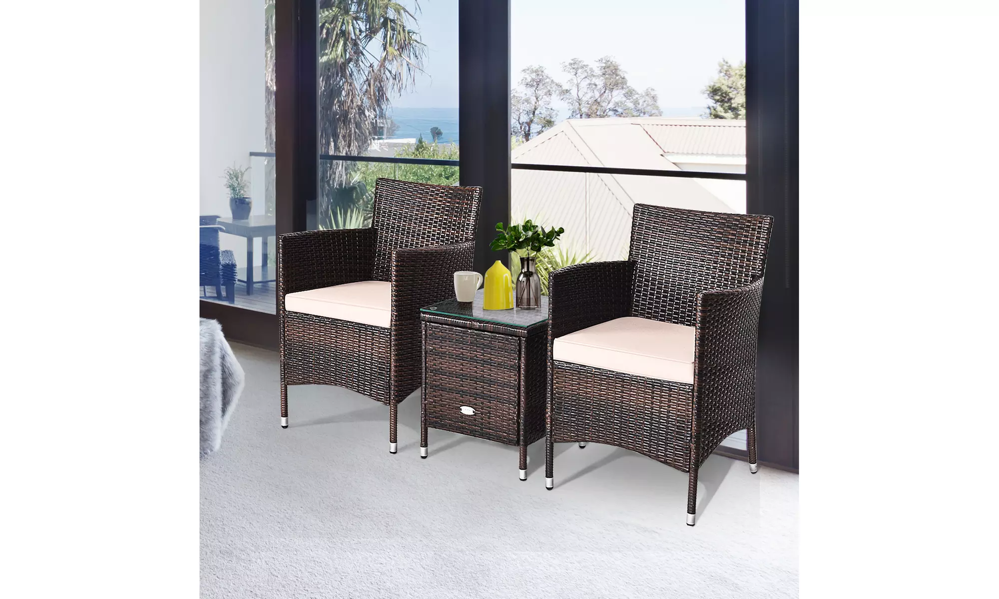 Costway Outdoor 3 PCS PE Rattan Wicker Furniture Sets Chairs Coffee Table Garden