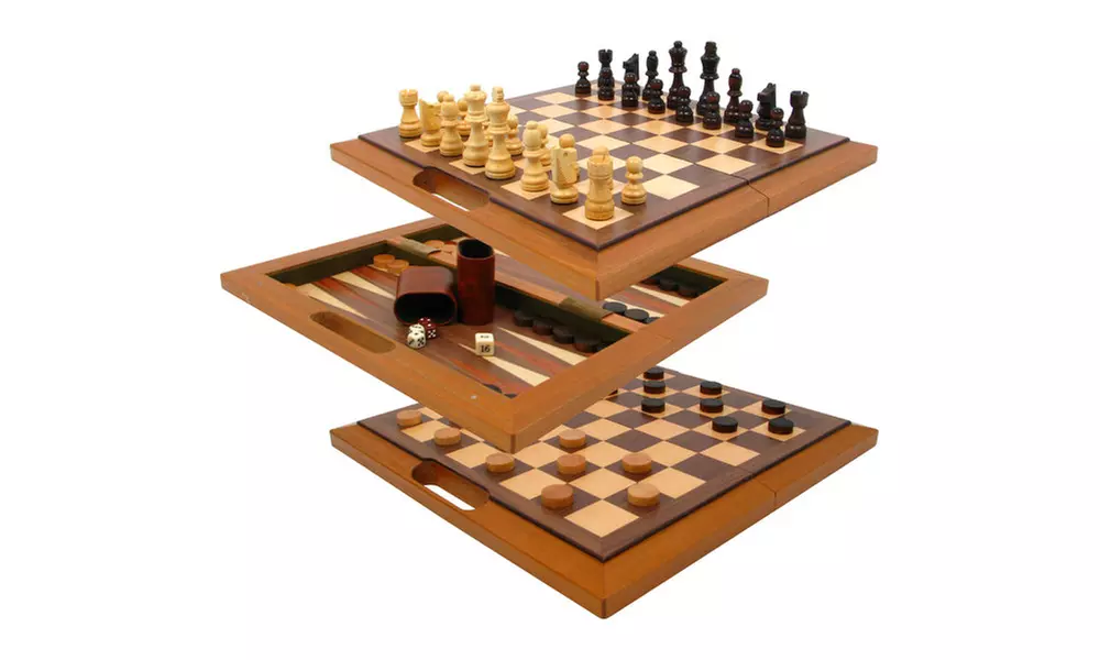 Deluxe Quality Wooden Chess Checker & Backgammon Set - Fold in Half for Storage